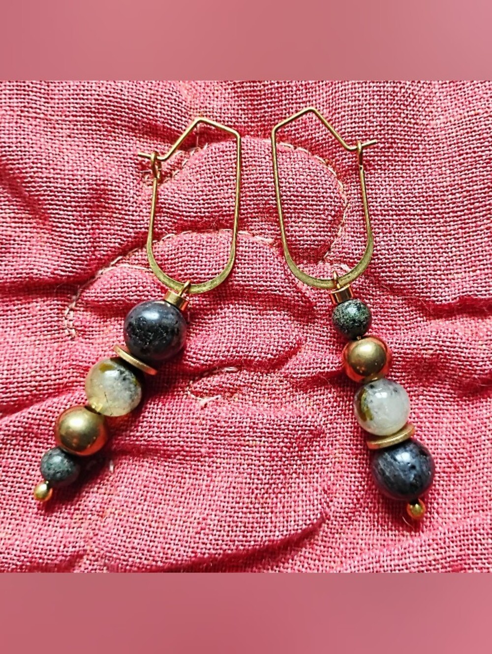 Asymmetric Black Moonstone, African Turquoise, and Prehnite Hoop Dangles